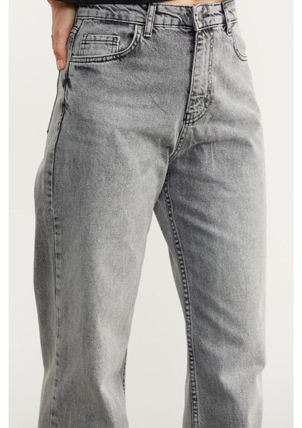 Yüksek Bel Geniş Paça Jean Pantolon - Açık Gri