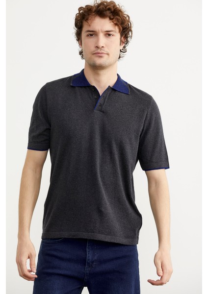 Pamuk Polo Yaka Kısa Kol Triko T-Shirt - Antrasit