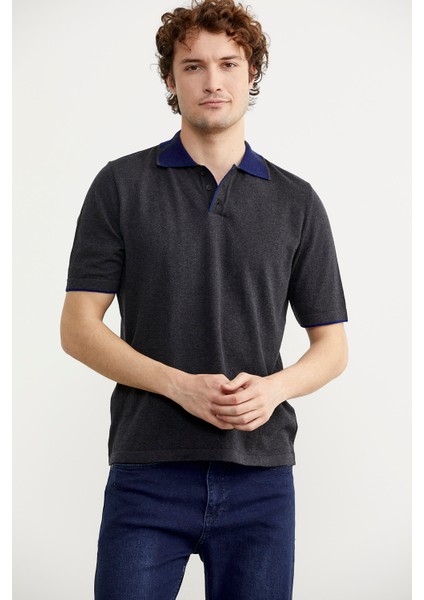 Pamuk Polo Yaka Kısa Kol Triko T-Shirt - Antrasit fiyatları