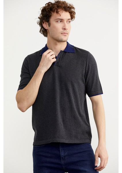 Pamuk Polo Yaka Kısa Kol Triko T-Shirt - Antrasit modelleri