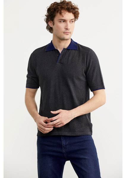 Pamuk Polo Yaka Kısa Kol Triko T-Shirt - Antrasit fırsatları