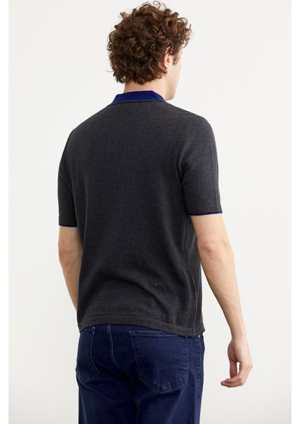 Pamuk Polo Yaka Kısa Kol Triko T-Shirt - Antrasit indirimleri