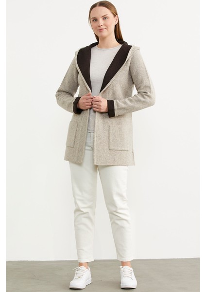 Cepli ve Kapüşonlu Yünlü Triko Ceket - Vizon - Kahverengi fiyatları