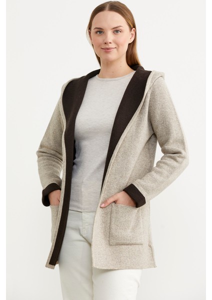 Cepli ve Kapüşonlu Yünlü Triko Ceket - Vizon - Kahverengi modelleri