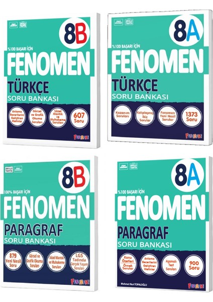 Fenomen Okul 2024 8. Sınıf LGS Türkçe + Paragraf A + B Soru Bankası Seti 4 Kitap