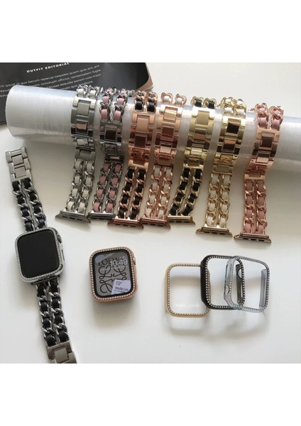 Apple Watch 2/3/4/5/6/7/8/9/SE42-44-45-49MM Lüks Metal Deri Paslanmaz Kordon Modern Fit