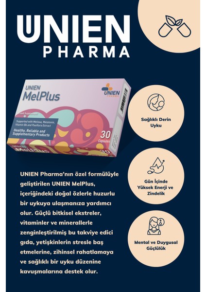 Melplus 30 Kapsül / Passiflora Ekstresi, Kedi Otu Ekstresi, Melisa Ekstresi, Melatonin, Mayıs Papatyası Ekstresi ve Vitamin B6 İçeren Takviye Edici Gıda