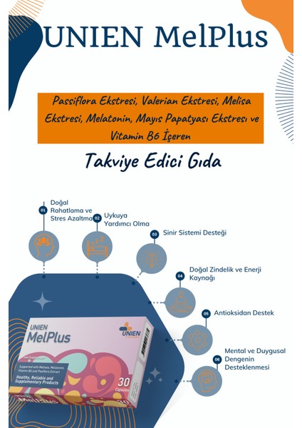 Melplus 30 Kapsül / Passiflora Ekstresi, Kedi Otu Ekstresi, Melisa Ekstresi, Melatonin, Mayıs Papatyası Ekstresi ve Vitamin B6 İçeren Takviye Edici Gıda