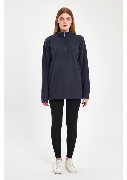 Kadın Sweatshirt, Antrasit Sweatshirt, Fermuar Yakalı Sweatshirt, Oversize Sweatshirt