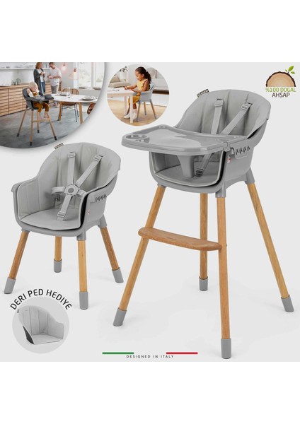 Verona 4in1 Ahşap Bebek Mama Sandalyesi ve Mama Oturağı Deri Pedli Gri