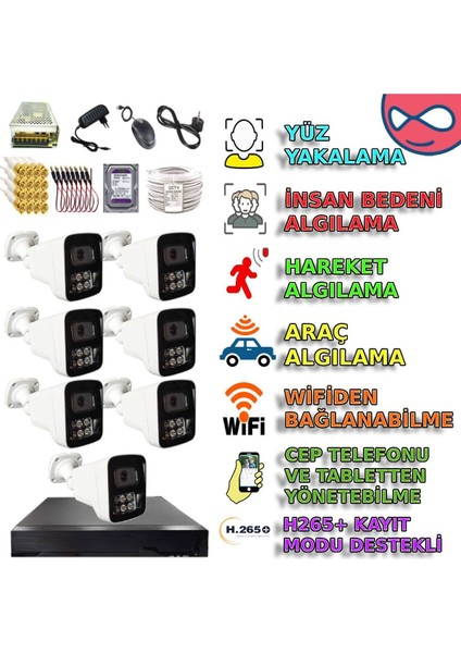 7 Kameralı Insan Yüz Araç Hareket Algılayan 500 GB Hddli Gece Renkli Gösteren Güvenlik Kamerası Seti
