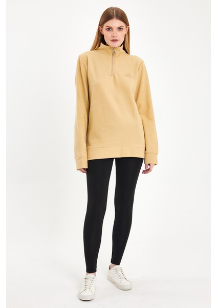 Kadın Sweatshirt, Bej Sweatshirt, Fermuar Yakalı Sweatshirt, Oversize Sweatshirt