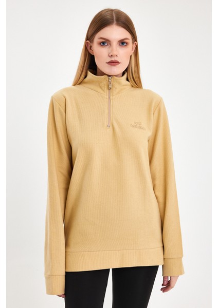 Kadın Sweatshirt, Bej Sweatshirt, Fermuar Yakalı Sweatshirt, Oversize Sweatshirt