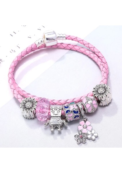 20CM Tarzı No.41 Boyutu Pembe Deri Bilezik Renkli Emaye Sevimli Yavru Köpek Kolye Charm Bilezikler Kadınlar Için Yüksek Li Takı (Yurt Dışından)