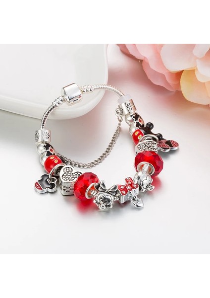 20CM Tarzı B21021 Karikatür Mickey ve Minnie Charm Bilezik Kadın Kızlar Için Kırmızı Kristal Boncuklar Bilezik Femme Annapaer Takı Pulseras Mujer (Yurt Dışından)