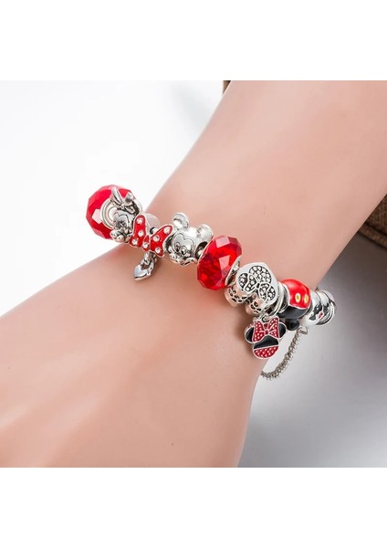 20CM Tarzı B21021 Karikatür Mickey ve Minnie Charm Bilezik Kadın Kızlar Için Kırmızı Kristal Boncuklar Bilezik Femme Annapaer Takı Pulseras Mujer (Yurt Dışından)