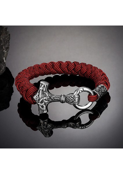 19CM Tarzı Kırmızı 2 Vikings Thors Hammer Survival Bilezik Erkekler El Yapımı Paracord Bileklik Paslanmaz Çelik Iskandinav Çapa Muska Iskandinav Takı (Yurt Dışından)