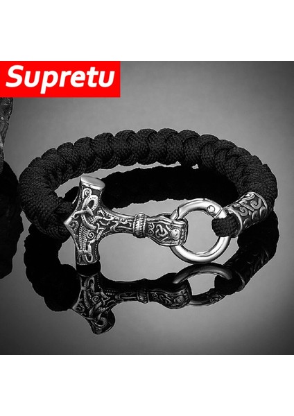 19CM Tarzı Kırmızı 2 Vikings Thors Hammer Survival Bilezik Erkekler El Yapımı Paracord Bileklik Paslanmaz Çelik Iskandinav Çapa Muska Iskandinav Takı (Yurt Dışından)