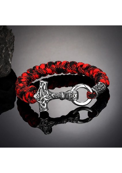 19CM Tarzı Kırmızı 2 Vikings Thors Hammer Survival Bilezik Erkekler El Yapımı Paracord Bileklik Paslanmaz Çelik Iskandinav Çapa Muska Iskandinav Takı (Yurt Dışından)