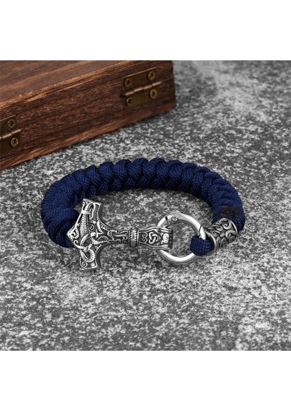 19CM Tarzı Kırmızı 2 Vikings Thors Hammer Survival Bilezik Erkekler El Yapımı Paracord Bileklik Paslanmaz Çelik Iskandinav Çapa Muska Iskandinav Takı (Yurt Dışından)
