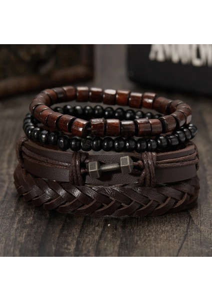 BR22Y0225 Trendy Örgülü Wrap Deri Bilezik Erkekler Vintage Çapraz Dambıl Gitar Charm Ahşap Boncuklar Erkek Bilekliği Takı Pulsera Hombre (Yurt Dışından)
