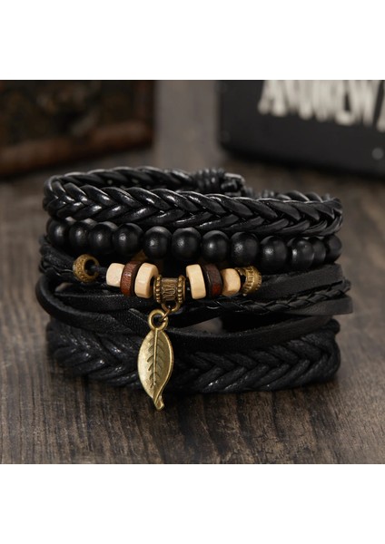 BR22Y0225 Trendy Örgülü Wrap Deri Bilezik Erkekler Vintage Çapraz Dambıl Gitar Charm Ahşap Boncuklar Erkek Bilekliği Takı Pulsera Hombre (Yurt Dışından)
