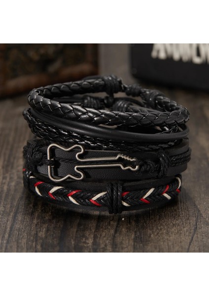 BR22Y0225 Trendy Örgülü Wrap Deri Bilezik Erkekler Vintage Çapraz Dambıl Gitar Charm Ahşap Boncuklar Erkek Bilekliği Takı Pulsera Hombre (Yurt Dışından)