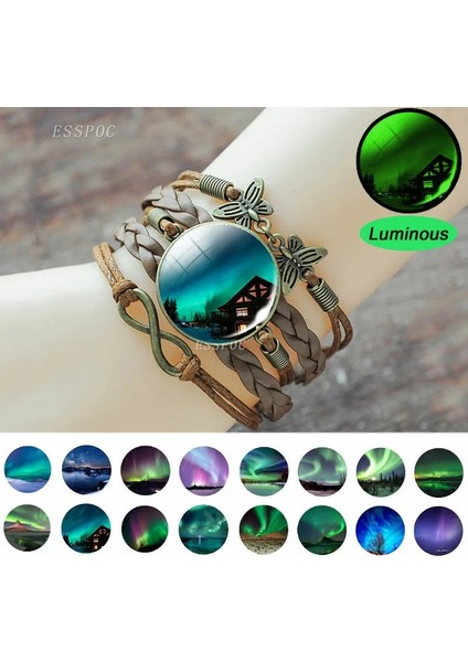 No.31 Boyutu Esspoc Kuzey Işıkları Fotoğraf Bileklik Bileklik Aydınlık Cam Cabochon Pulseras Mujer Steampunk Kahverengi Deri Bilezik Kadın Hediye (Yurt Dışından) fiyatları