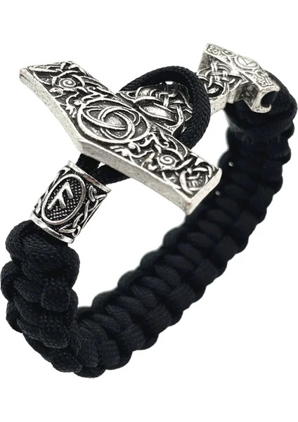 23CM Tarzı Ansuz Thor Çekiç Mjolnir Düğüm Charm Siyah Halat Viking Bilezik Erkek Kadın Takı Iskandinav Runes Boncuk Aksesuarları (Yurt Dışından)