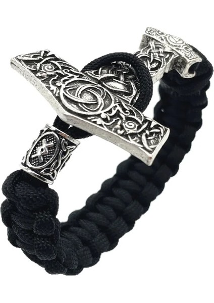21CM Tarzı Ingwaz Thor Çekiç Mjolnir Düğüm Charm Siyah Halat Viking Bilezik Erkek Kadın Takı Iskandinav Runes Boncuk Aksesuarları (Yurt Dışından)