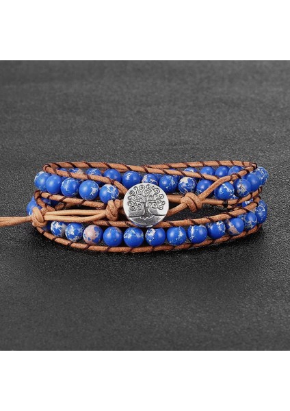 E3 Boho 6mm Imparator Taş Boncuklu 2 Tur Wrap Bilezikler Kadınlar Için Ayarlanabilir Inek Derisi Halat Örgülü El Yapımı Lüks Dostluk Takı (Yurt Dışından)