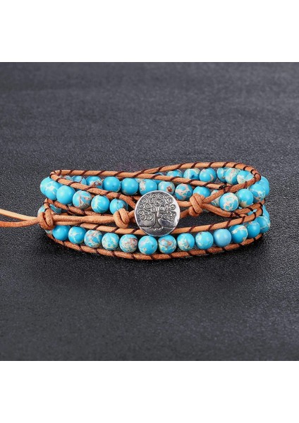 E3 Boho 6mm Imparator Taş Boncuklu 2 Tur Wrap Bilezikler Kadınlar Için Ayarlanabilir Inek Derisi Halat Örgülü El Yapımı Lüks Dostluk Takı (Yurt Dışından)