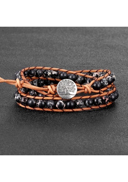 E3 Boho 6mm Imparator Taş Boncuklu 2 Tur Wrap Bilezikler Kadınlar Için Ayarlanabilir Inek Derisi Halat Örgülü El Yapımı Lüks Dostluk Takı (Yurt Dışından)