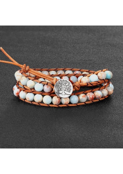 E3 Boho 6mm Imparator Taş Boncuklu 2 Tur Wrap Bilezikler Kadınlar Için Ayarlanabilir Inek Derisi Halat Örgülü El Yapımı Lüks Dostluk Takı (Yurt Dışından)