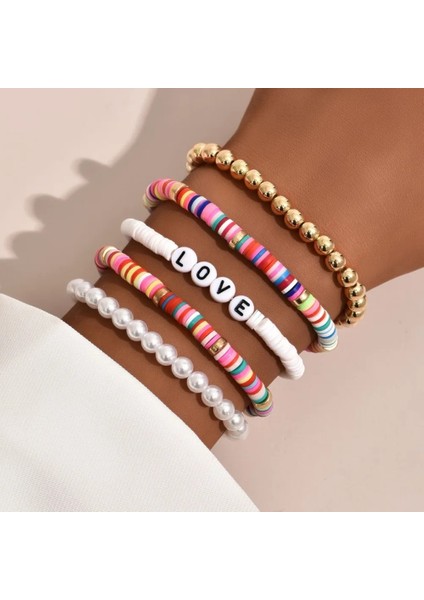 No.1 Boyutu Moda Gökkuşağı Istiflenebilir Bilezikler Kadınlar Için Set Kalp Charm Yumuşak Kil Çömlek Katmanlı Boncuk Zincir Bileklik Kadın Boho Takı (Yurt Dışından)