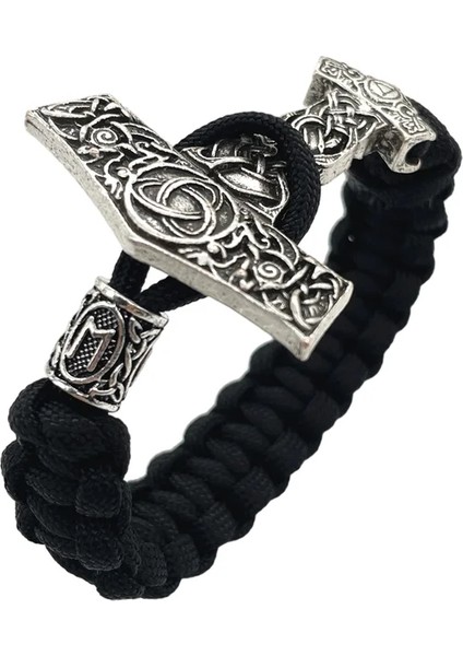 23CM Tarzı Ehwaz Thor Çekiç Mjolnir Düğüm Charm Siyah Halat Viking Bilezik Erkek Kadın Takı Iskandinav Runes Boncuk Aksesuarları (Yurt Dışından)