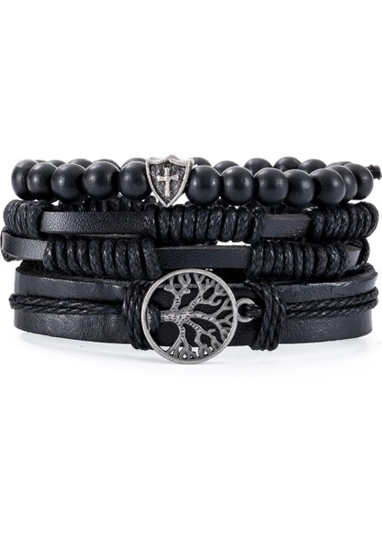 Ayarlanabilir Stil A10 3-Ets Vintage Çapa, Yaprak, Baykuş Bilezikler Erkekler Için Moda Siyah Deri Bilezik ve Bilezikler Çok Katmanlı Geniş Wrap Takı (Yurt Dışından)