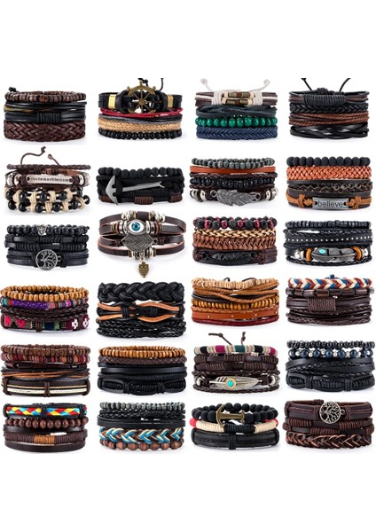 Ayarlanabilir Stil A10 3-Ets Vintage Çapa, Yaprak, Baykuş Bilezikler Erkekler Için Moda Siyah Deri Bilezik ve Bilezikler Çok Katmanlı Geniş Wrap Takı (Yurt Dışından)