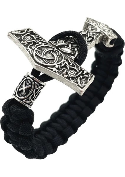 23CM Tarzı Gebo Thor Çekiç Mjolnir Düğüm Charm Siyah Halat Viking Bilezik Erkek Kadın Takı Iskandinav Runes Boncuk Aksesuarları (Yurt Dışından)