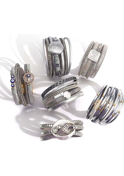 E56422P-002 Allyes Trendy Gümüş Renk Deri Bilezik Kadınlar Için Charm Nazar Çapraz Çok Katmanlı Metal Zincir Şal Bilezik Kadın Mücevheratı (Yurt Dışından)