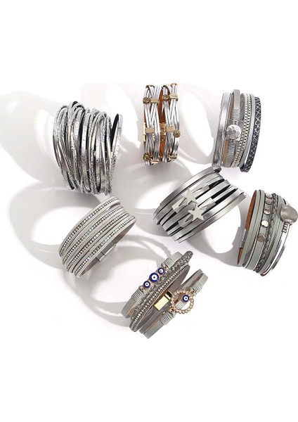 E56422P-002 Allyes Trendy Gümüş Renk Deri Bilezik Kadınlar Için Charm Nazar Çapraz Çok Katmanlı Metal Zincir Şal Bilezik Kadın Mücevheratı (Yurt Dışından)