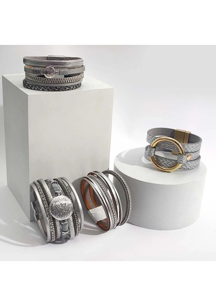 E56422P-002 Allyes Trendy Gümüş Renk Deri Bilezik Kadınlar Için Charm Nazar Çapraz Çok Katmanlı Metal Zincir Şal Bilezik Kadın Mücevheratı (Yurt Dışından)