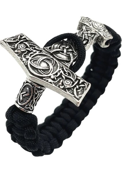 23CM Tarzı Jera Thor Çekiç Mjolnir Düğüm Charm Siyah Halat Viking Bilezik Erkek Kadın Takı Iskandinav Runes Boncuk Aksesuarları (Yurt Dışından)