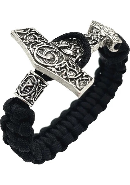 21CM Tarzı Wunjo Thor Çekiç Mjolnir Düğüm Charm Siyah Halat Viking Bilezik Erkek Kadın Takı Iskandinav Runes Boncuk Aksesuarları (Yurt Dışından)