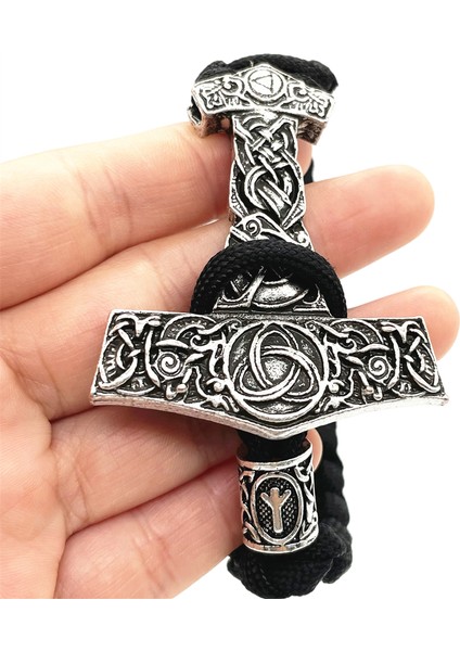21CM Tarzı Wunjo Thor Çekiç Mjolnir Düğüm Charm Siyah Halat Viking Bilezik Erkek Kadın Takı Iskandinav Runes Boncuk Aksesuarları (Yurt Dışından) modelleri