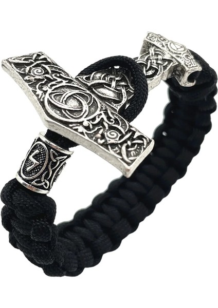 21CM Tarzı Wunjo Thor Çekiç Mjolnir Düğüm Charm Siyah Halat Viking Bilezik Erkek Kadın Takı Iskandinav Runes Boncuk Aksesuarları (Yurt Dışından) fırsatları