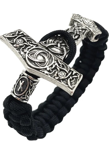 21CM Tarzı Nautız Thor Çekiç Mjolnir Düğüm Charm Siyah Halat Viking Bilezik Erkek Kadın Takı Iskandinav Runes Boncuk Aksesuarları (Yurt Dışından)