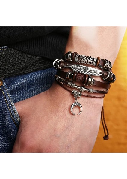 DY5936 If Me Desiget Bohem Tarzı Boncuk Çok Katmanlı Deri Bileklik Bilezik Vintage Punk Bileklik Kol Bilezik Erkekler Pulsera (Yurt Dışından)