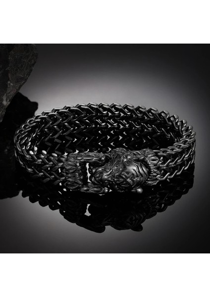 22CM Tarzı Siyah Kaya Altın Renk Kaplan Kafası Bilezik Erkekler Paslanmaz Çelik Küba Zincir Bilezik Punk Erkek Yaratıcı Aksesuarları Viking Muska Takı (Yurt Dışından)