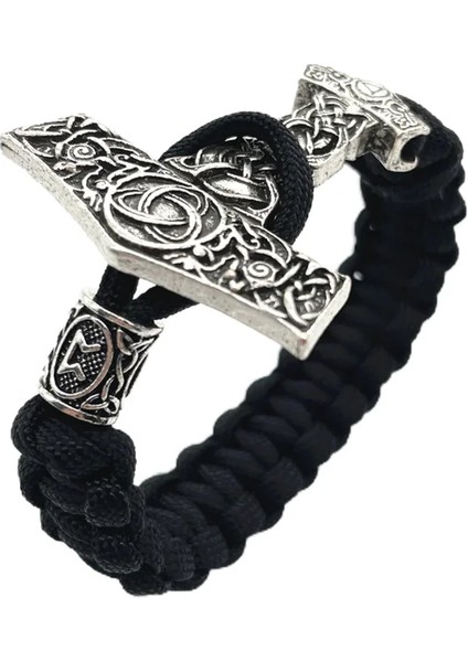 21CM Tarzı Perthro Thor Çekiç Mjolnir Düğüm Charm Siyah Halat Viking Bilezik Erkek Kadın Takı Iskandinav Runes Boncuk Aksesuarları (Yurt Dışından)
